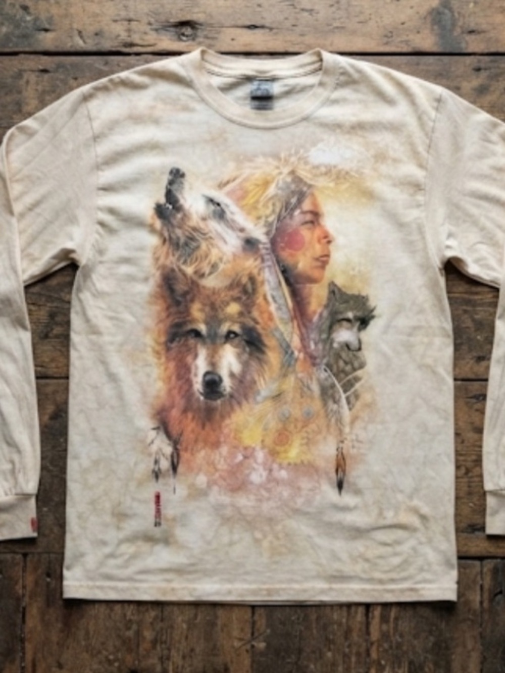 Native American and Wolf Graphic Long Sleeve Shirt